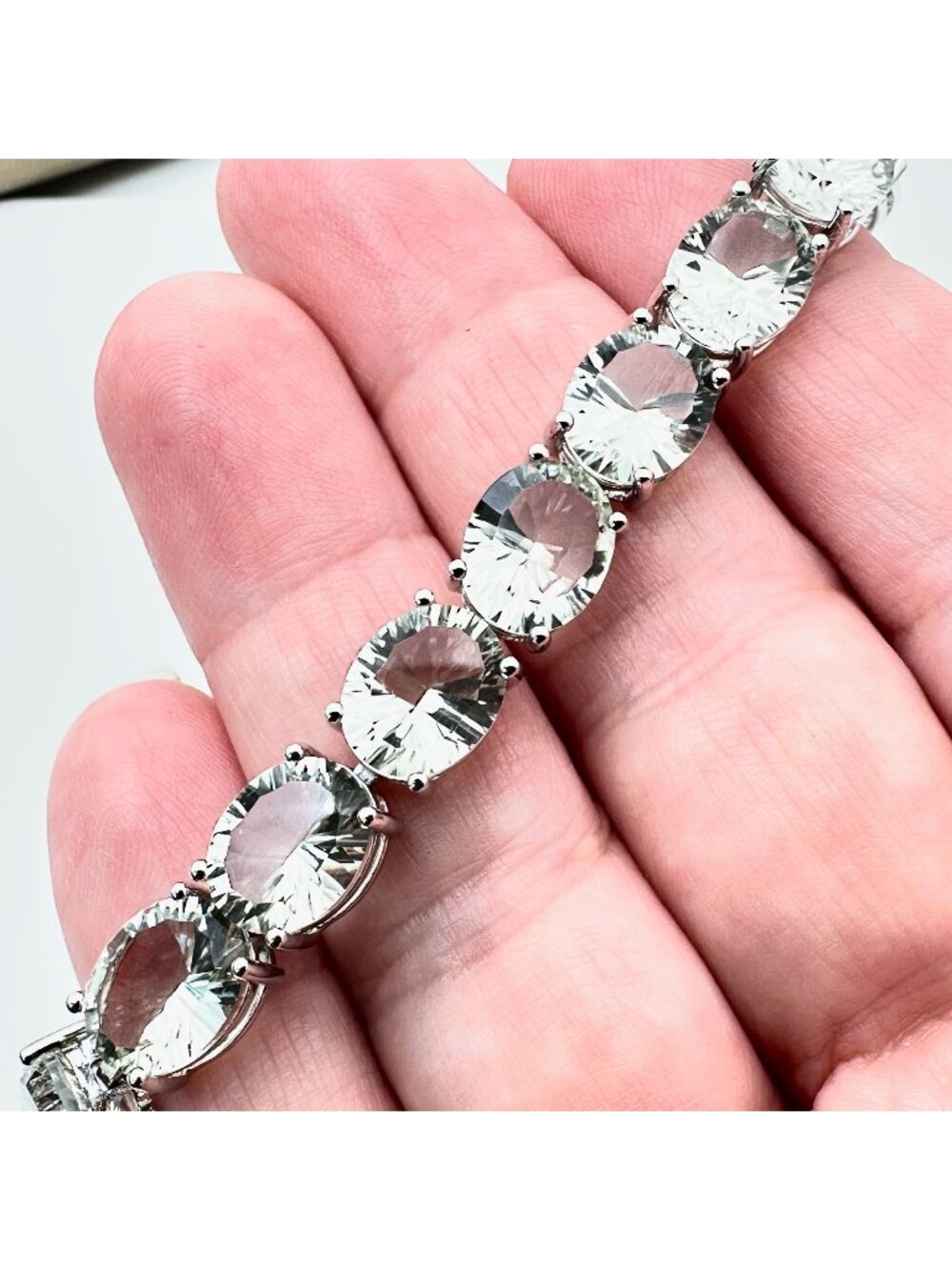 Light Green 80+ Carats Prasiolite Sterling Silver Bracelet Oval Cut 7.5 Inch